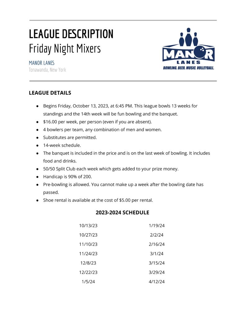 Friday Mixers League at Manor Lanes in Tonawanda, NY. League description and schedule.
